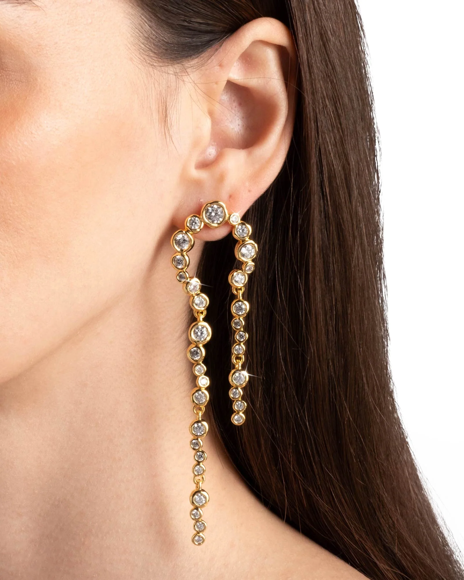 Asterales Gold CZ Arched Long Earrings - Image 2