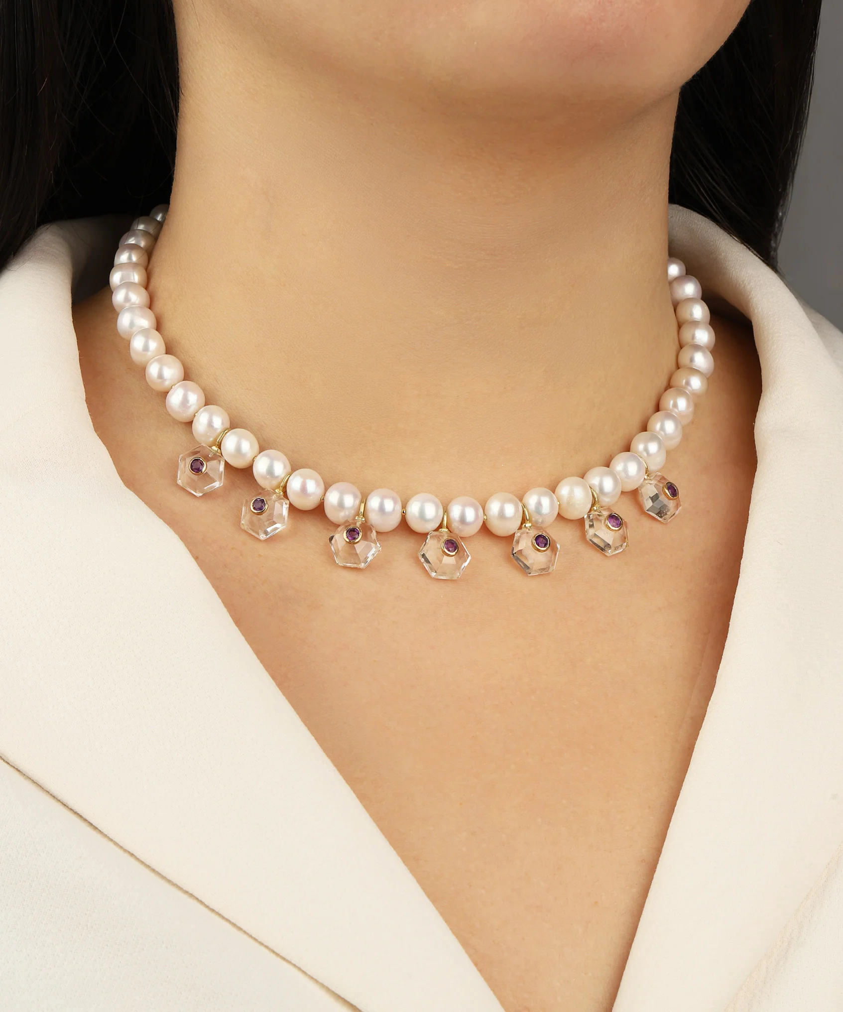 Seven Hexagon Inlay Pearl Necklace - Image 2