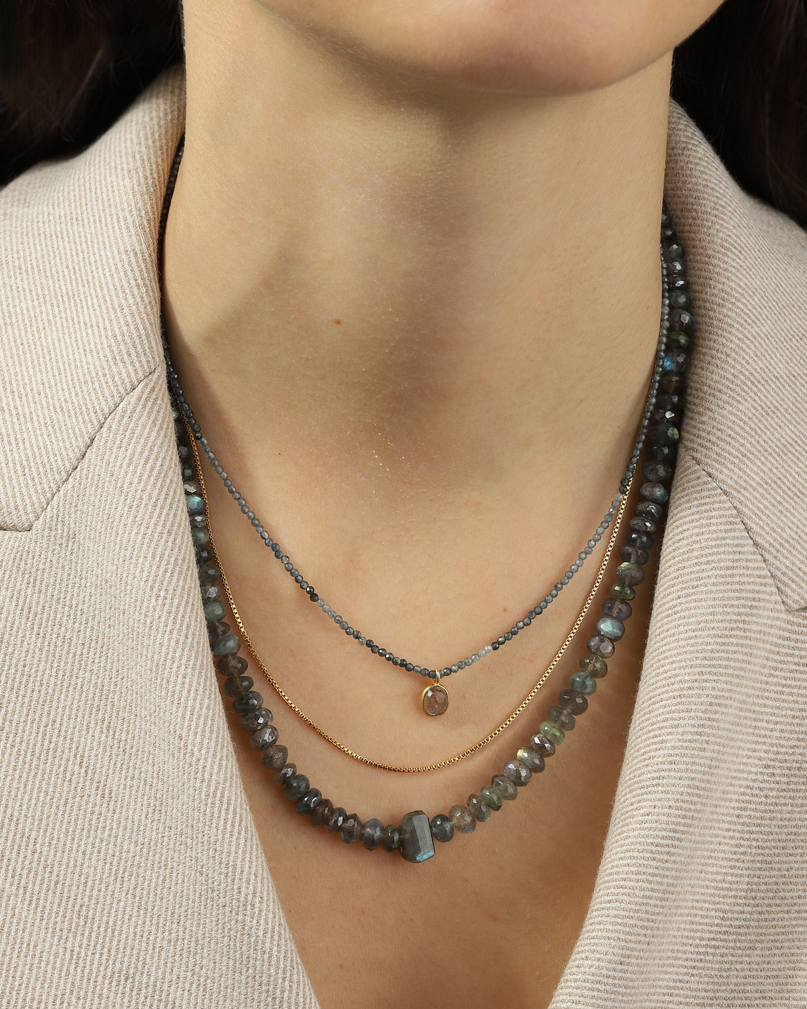 Labradorite & Aquamarine Mix Beaded Necklace | 6.5mm - Image 2