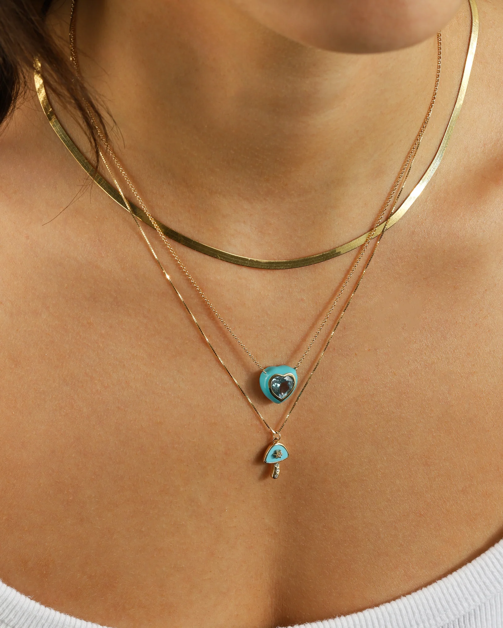 Turquoise + Diamond Mushroom Box Chain Necklace - Image 2