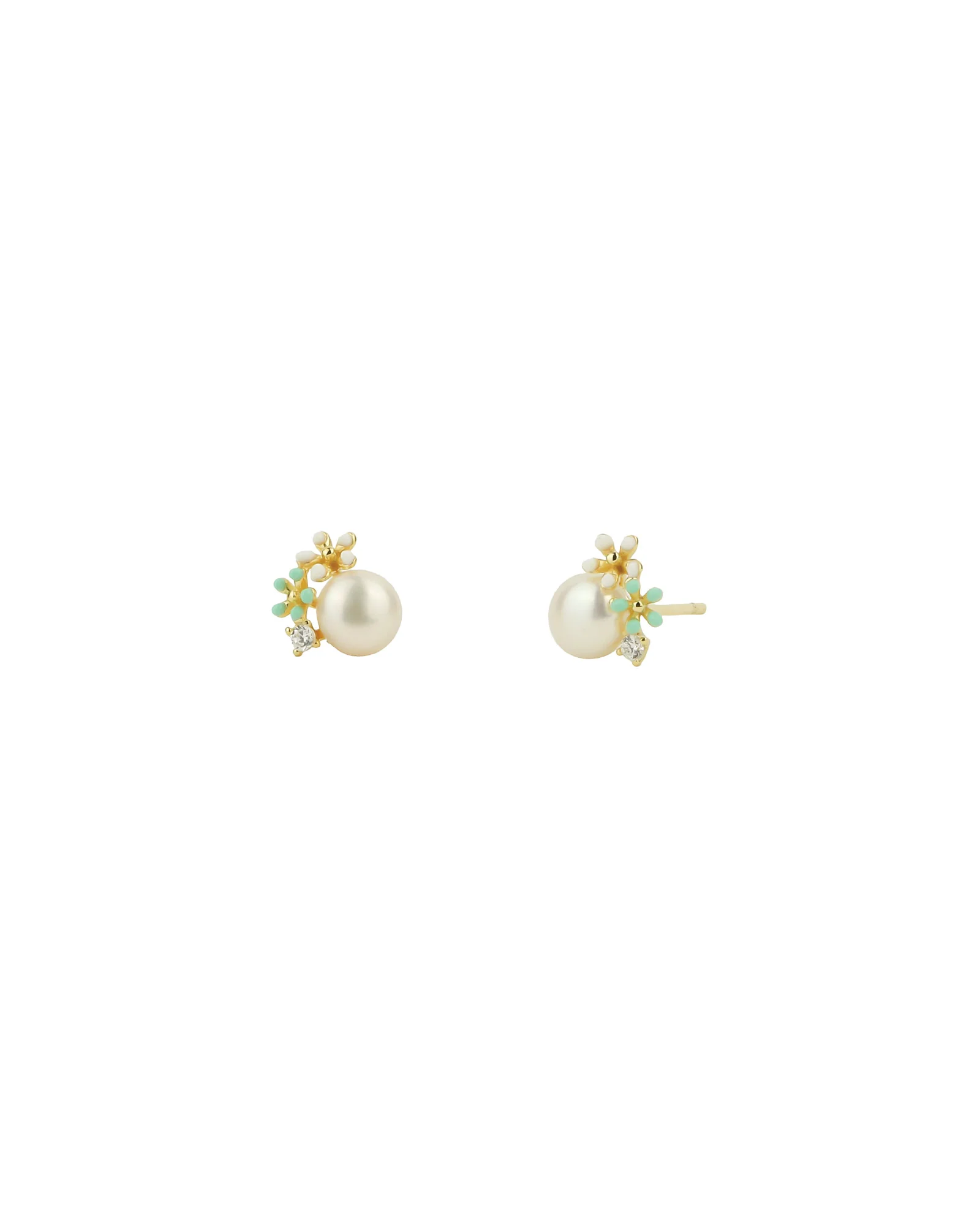 Enamel 2 Flower CZ + Pearl Studs