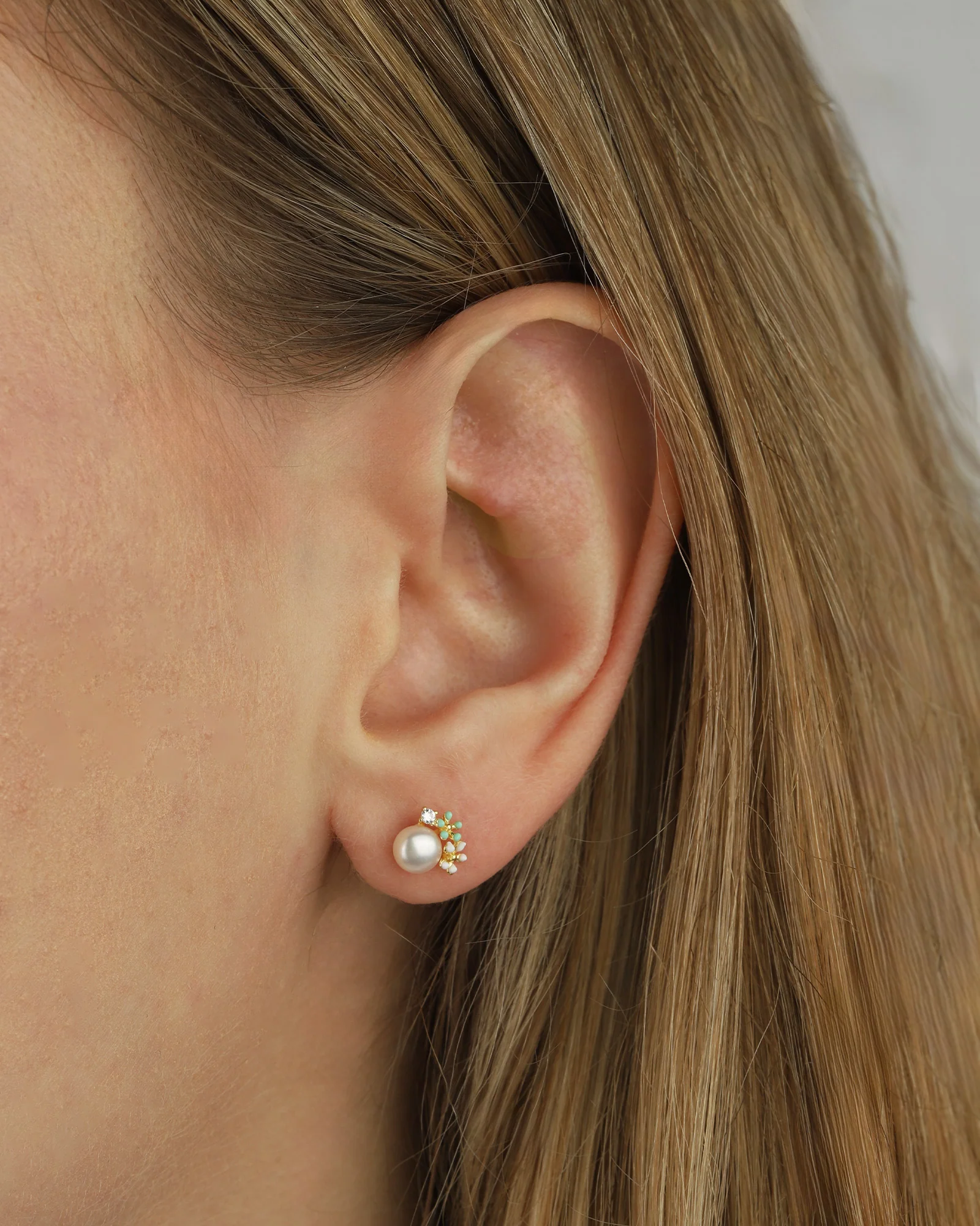 Enamel 2 Flower CZ + Pearl Studs - Image 2