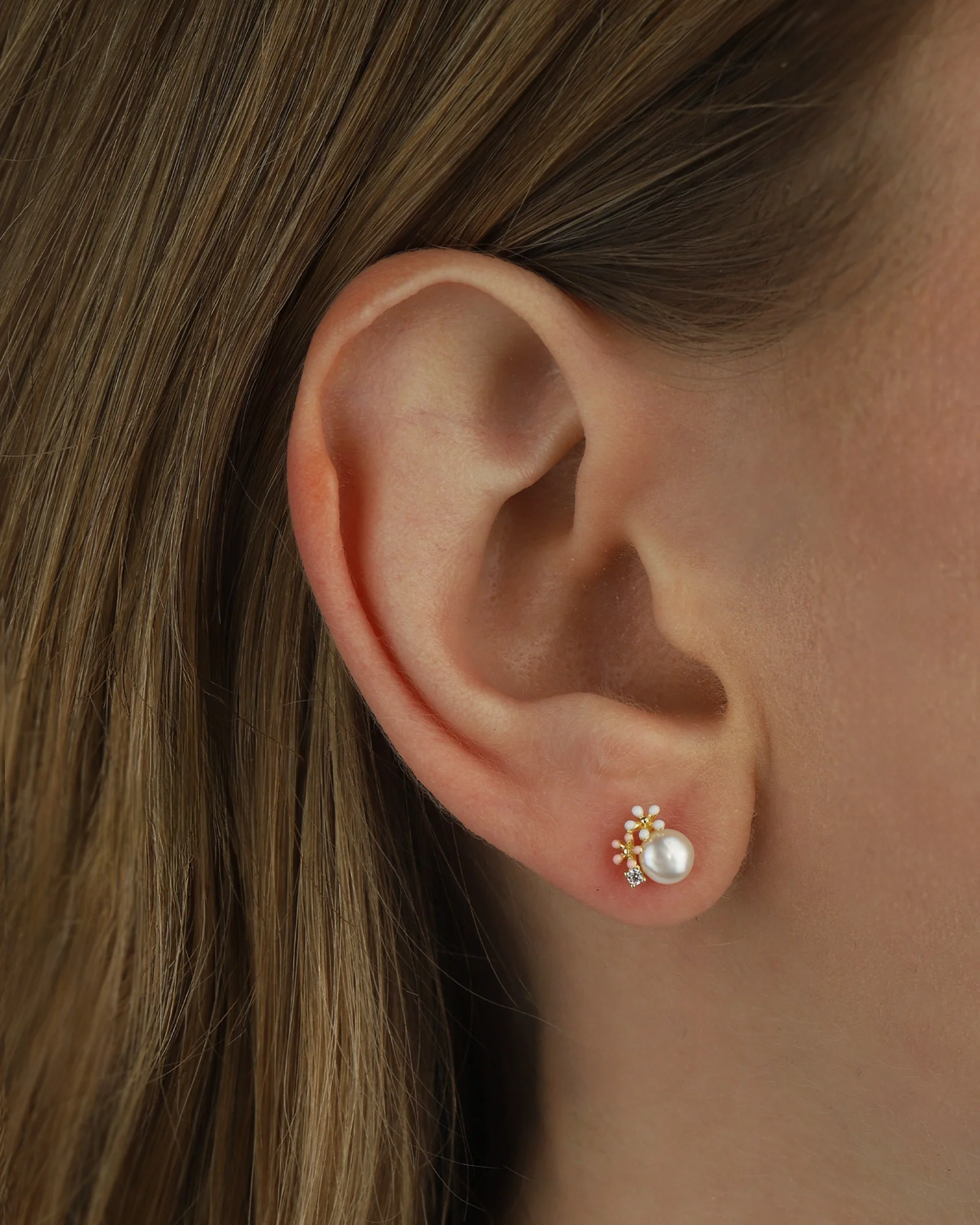 Enamel 2 Flower CZ + Pearl Studs - Image 2