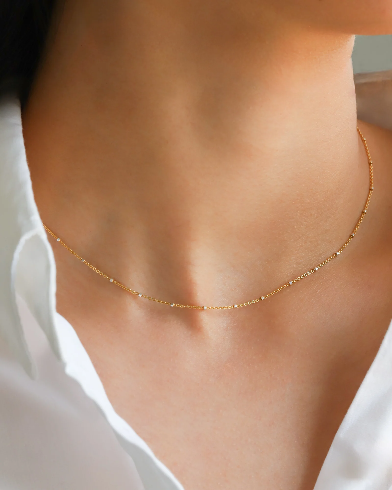 Two Tone Station Square Bead Chain Necklace - Image 2
