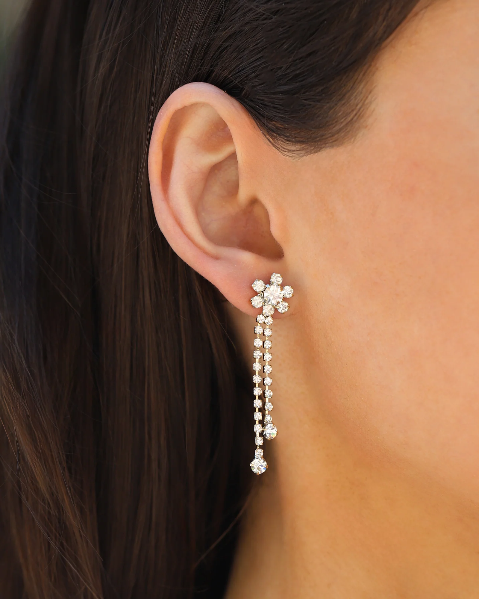 Flower 2 Row Crystal Drop Earrings - Image 2
